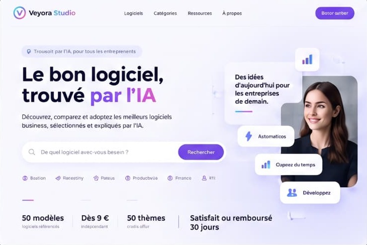 Capture de la page d'accueil de Veyora Studio : « Le bon logiciel, trouvé par l'IA », avec une barre de recherche de logiciels